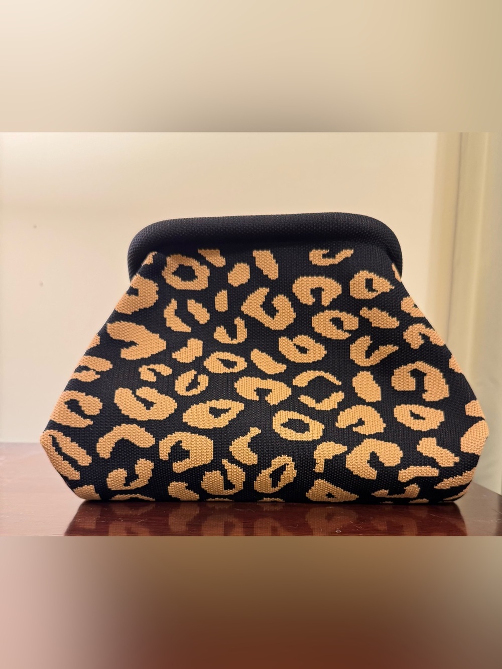 Leopard Print Frame-Top Clutch Handbag - Black & Tan Brand New